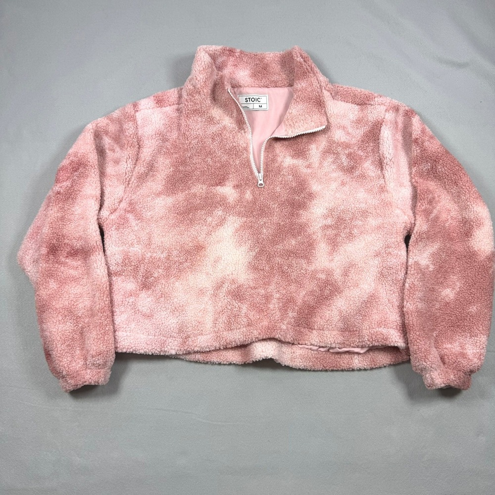 Stoic Pink Tie Dye Sherpa Fleece Quarter Zip Pullover Cropped Jacket SICZ2RB M